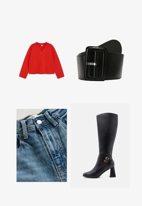 Rød langærmet V-hals strikket sweater med ribstrikkede manchetter og kant, vist fladt på en hvid baggrund.; Denimjeans har en lys blå farve med whiskeringdetaljer. Linningen inkluderer en metalknap og synlige sømme langs sømmene.; Knæhøj sort læderstøvle med spids tå, to dekorative remme med gyldne spænder og en kraftig, tekstureret hæl.; Sort læderbælte med et bredt design, prydet med en rektangulær sølvspænde og detaljeret syning langs kanterne for ekstra tekstur.