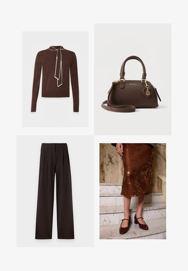 Pull marron à manches longues avec bordure crème au niveau du col, des poignets et un détail d'écharpe nouée au cou, présenté sur un fond clair.; Pantalon marron foncé à jambes larges avec plis et passants pour ceinture, doté d'une fermeture éclair avant et d'un ourlet net sur un fond uni.; Femme portant une jupe midi en sequins bruns et des escarpins Mary Jane en crocodile texturé marron foncé, se tenant sur des escaliers en marbre.; Sac à main synthétique marron de forme arrondie, avec deux poignées supérieures et une bandoulière amovible. Comprend des éléments en métal doré et un charm en forme de cœur.