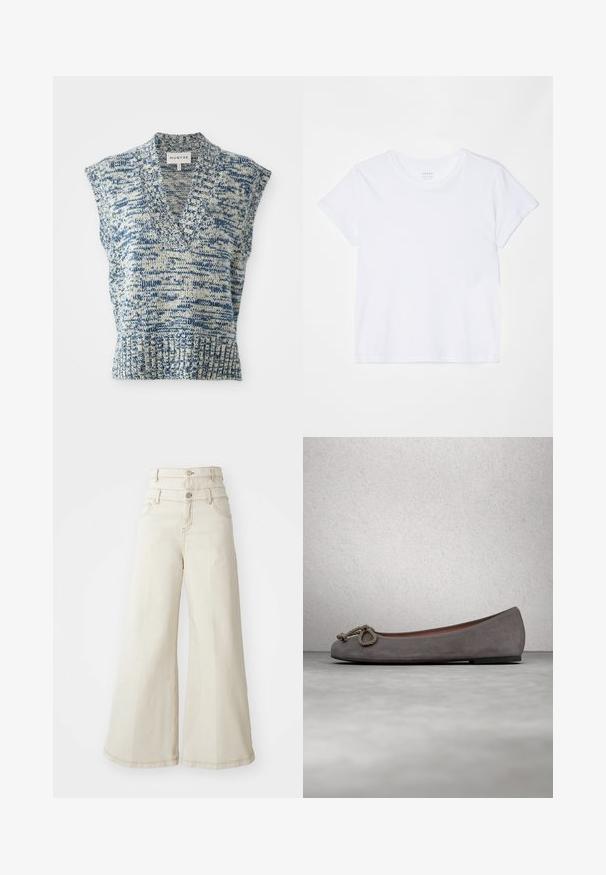 Top de punto sin mangas en azul y crema con escote en V, patrón texturizado, dobladillo acanalado y amplias aberturas para los hombros. Etiqueta de la marca: MUNTHE.; FRAME BABY TEE - Camiseta básica - white; Pantalones vaqueros beige de pierna ancha con una cintura alta, que cuentan con dos cierres de botón y bolsillos frontales. Fabricados en una tela de algodón texturizada.; Bailarinas de ante gris con puntera redonda, adorno de cuerda anudada y un sutil ribete en contraste a lo largo del borde. Suela plana y flexible.