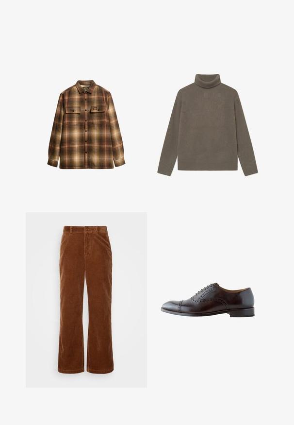 Ribbede turtleneck sweater i afdæmpet olivengrøn, med lange ærmer og en tætsiddende design. Lavet af et blødt, struktureret strikmateriale.; Brun og beige ternet langærmet skjorte med knapper, to frontlommer med klap og krave.; Brune fløjl bukser med et bredbenet design, der har vertikalt ribbet tekstur, en knaplukning og standard bælteløkker.; Mørkebrune læder Oxford festsko med brogue-detaljer, lukket snøring og lav stakket hæl, vist i profil.