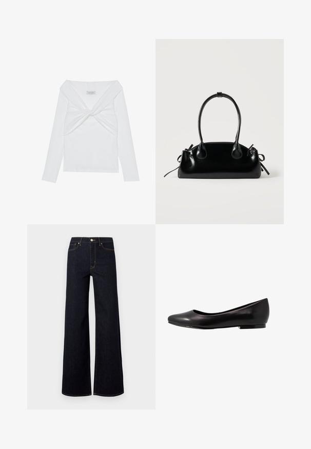 Witte geribbelde lange mouw top met een gedraaide voorkant, met een brede halslijn en naadloze randen. Merklabel: Anna Field.; Donkerblauwe wijde jeans van denim, met een hoge taille, contrasterende stiksels en een enkele metalen knoop aan de voorkant.; Zwarte ballerina van glanzend leer met een ronde neus en een lage, platte zool. Heeft een gladde textuur met een eenvoudig en strak design.; Kleine zwarte glanzende handtas met twee lange hengsels en zijkant trekkoord details op een effen lichte achtergrond.