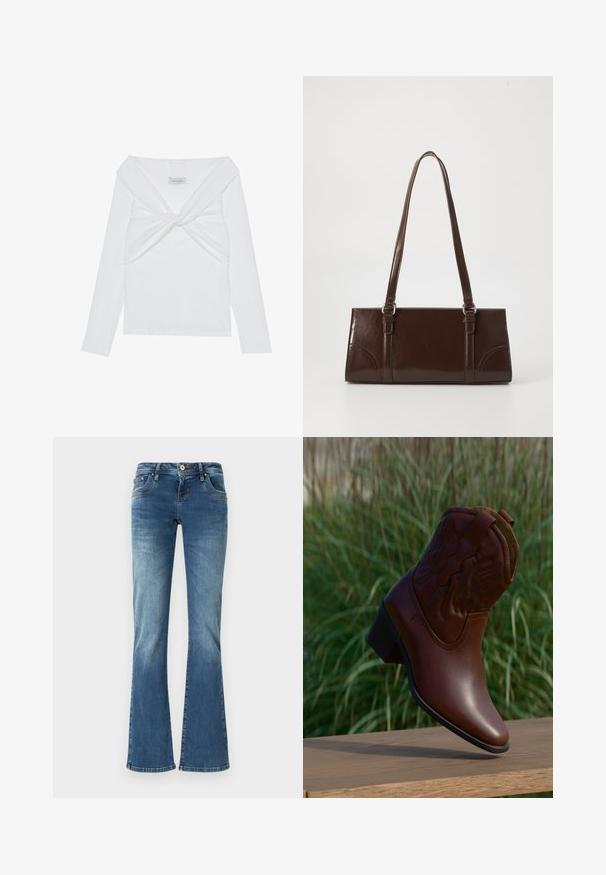 Witte geribbelde lange mouw top met een gedraaide voorkant, met een brede halslijn en naadloze randen. Merklabel: Anna Field.; Flared denim jeans in medium blue met contrasterende stiksels, vijf zakken en een klassieke knop- en ritssluiting.; Bruine leren cowboylaars met decoratief stiksel, schuin omhoog geplaatst op een houten oppervlak met een vage groene grasachtergrond.; Bruine lakleren handtas met een rechthoekige vorm, twee lange handvatten en subtiele gebogen accenten aan de voorkant.
