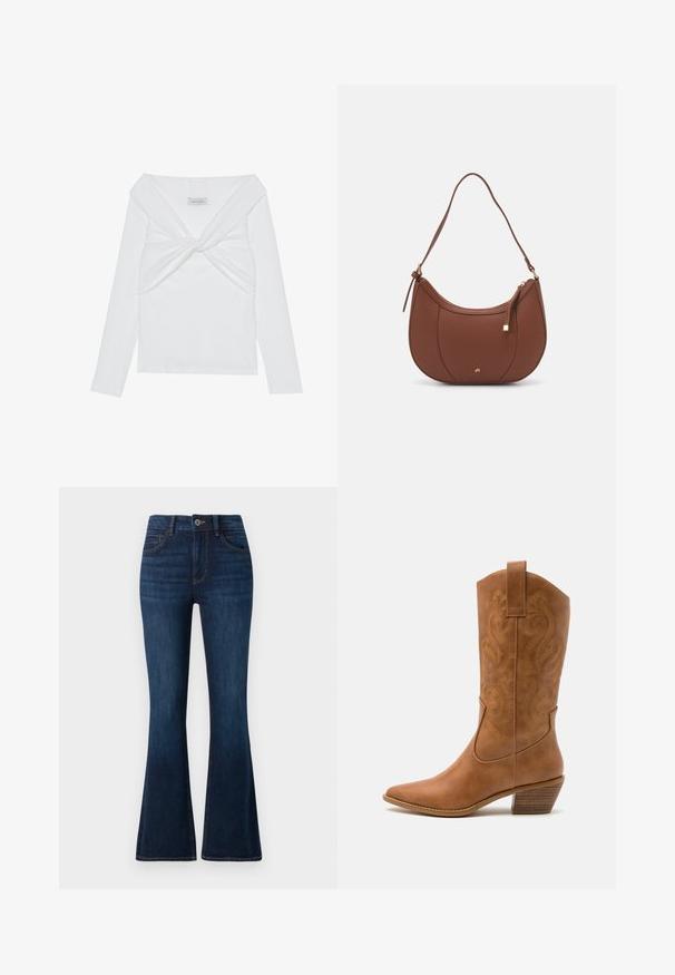Hvid ribbet langærmet top med et tvistet frontdesign, der har en bred udskæring og sømløse kanter. Mærke: Anna Field.; TOM TAILOR STELLA darkblue; Tan læder cowboystøvle med spids tå, broderede svirvelmønstre på skaftet og en stablet blokhæl. Har en træksløjfe for nem af/på.; Brun faux læder skuldertaske med buet form, minimal syning og en guldtonet hardwaredetalje. Har en top lynlåslukning og justerbar rem.
