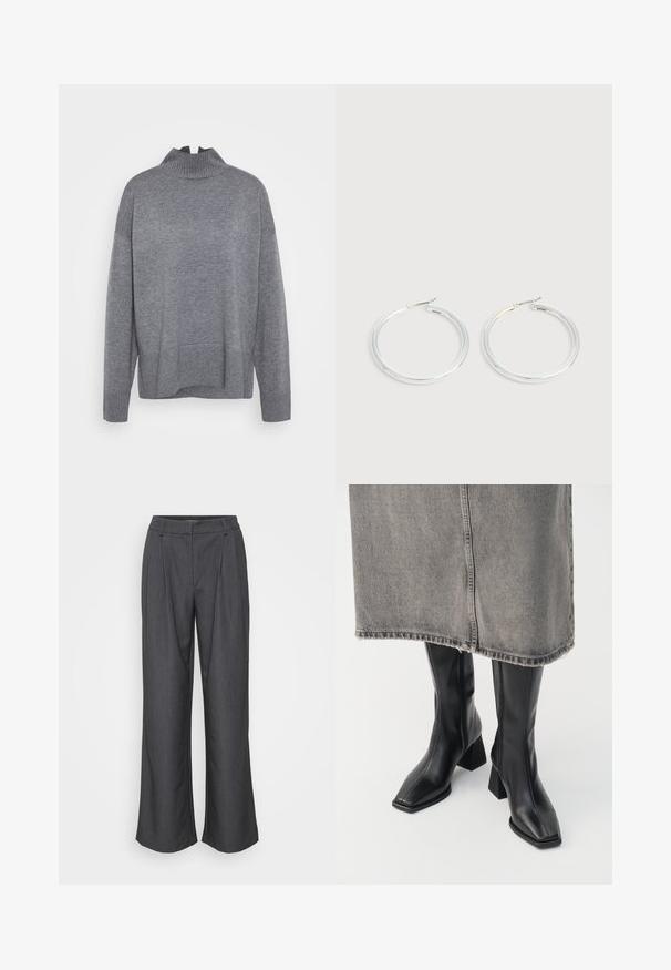 ONLY Tall ONLCOCO LIFE HIGH NECK - Striktrøje - medium grey melange; Bredde bukser i mørkegrå stof med en struktureret overflade, frontfolder og sidelommer med en skræddersyet talje.; Sorte knæhøje støvler i glat læder med firkantet tå og blokeret hæl. Båret med en grå denimnederdel med flosset kant.; Par skinnende sølvøreringe med tynde trådlåse, vist på en lys grå baggrund.