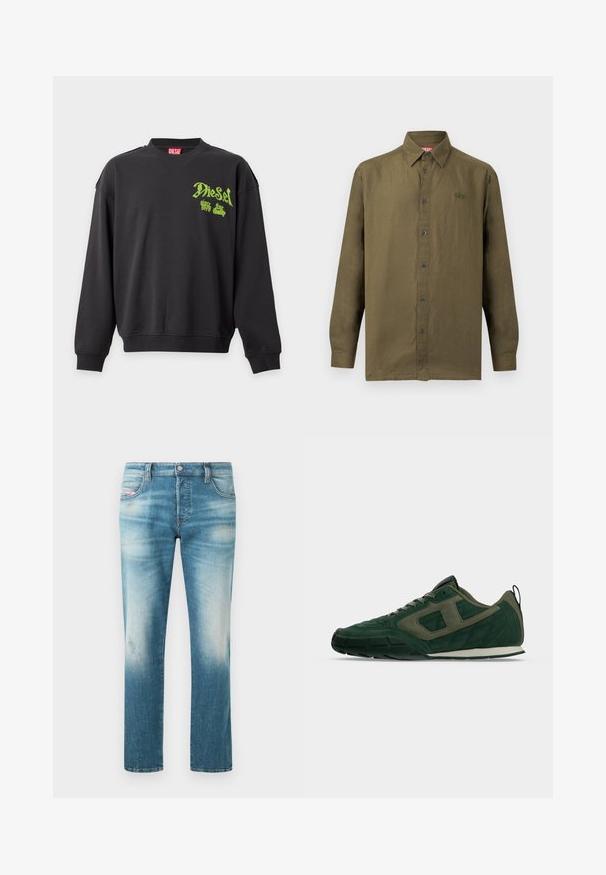 Sweat-shirt Diesel noir à manches longues avec logo et texte vert néon sur le haut gauche de la poitrine, poignets côtelés et col rond.; Chemise à manches longues couleur vert olive avec col, boutons sur le devant et logo brodé subtil sur la poitrine gauche, sur fond uni.; Jean droit pour homme de couleur bleu moyen délavé avec léger effet usé et conception classique à cinq poches.; Chaussure de sport vert foncé avec des panneaux matelassés et en suède, un design à lacets et une semelle en caoutchouc noire sur un fond gris clair.
