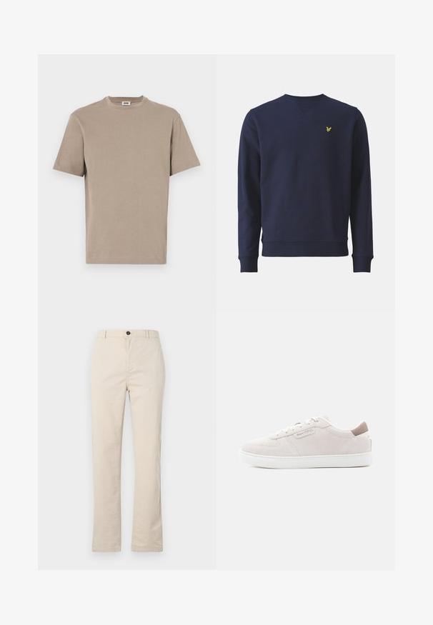 Marineblå sweatshirt lavet af blødt stof, med rund hals, ribbede ærmer og et lille gult broderet logo på brystet.; Beige bomulds t-shirt med rund hals, korte ærmer og lige kant. Glat tekstur, minimalistisk design, ingen synlige grafik eller accenter.; Lyse beige bomuldsbukser med lige ben-design, der har en frontknaplukning, lynlåslukning og minimale syninger.; Lyserød ruskindsneakers med hvid gummisål, der har et syet design og en lille logodetalje på siden og på baghæl.