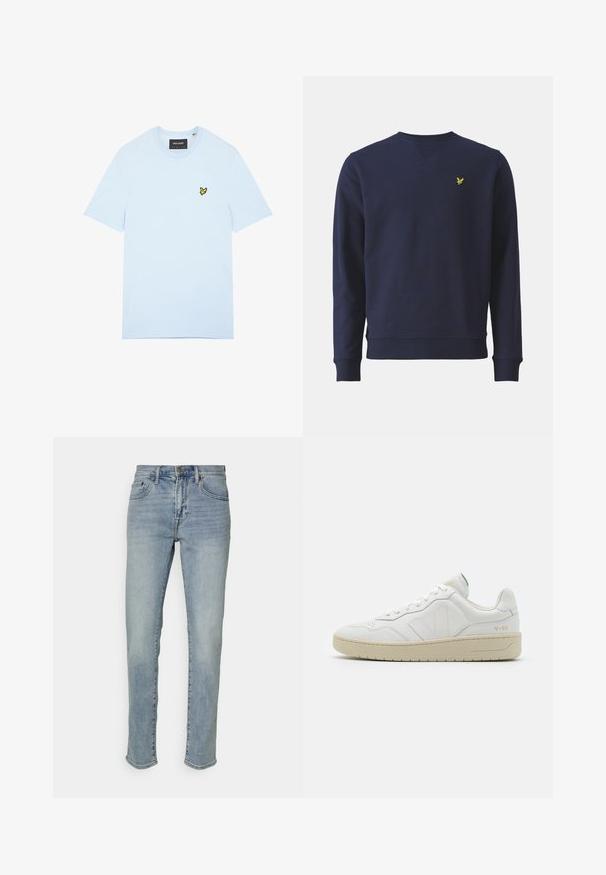 Dunkelblaues Sweatshirt aus weichem Stoff, mit Rundhalsausschnitt, gerippten Bündchen und einem kleinen gelben gestickten Logo auf der Brust.; Hellblaues Baumwoll-T-Shirt mit Rundhalsausschnitt, mit einem kleinen gelben Vogel-Logo auf der linken Brust gestickt. Kurze Ärmel, unifarben.; GAP SOFT ALAMOSA - Jeans Slim Fit - light wash; Weiße Leder-Sneaker mit strukturierter Oberfläche und gepolstertem Kragen. Sie verfügen über eine beigen Gummisohle und dezente Markenkennzeichnung an der Ferse und an der Seite.