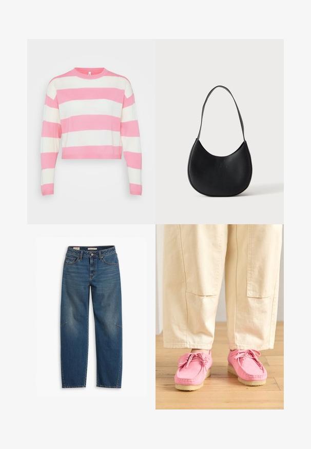 Hæklet sweater med lyserøde og hvide vandrette striber, rund halsudskæring og lange ærmer. Blød tekstur, cropped design. Ingen synlige metaldele.; Blå denim jeans med en afslappet pasform, der har høj talje, lige ben, synligt syning og en lille detalje på venstre knæ.; Lyserøde ruskinds mokkasiner med snørebånd, med en struktureret overflade og en lys beige gummisål, parret med beige bukser.; Sort læder skuldertaske i halvmåneform med en enkelt rem og diskret præget brandnavn på en ensartet lys baggrund.