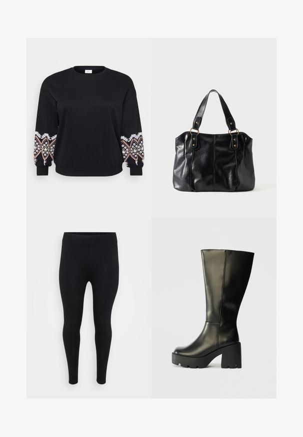 Sort sweatshirt med rund hals. Lange ærmer med intrikate broderede mønstre i hvid, pink og gul på manchetterne. Blødt stof.; Sorte leggings med en glat tekstur, høj talje og en tætsiddende form. Har subtile sidelayout langs sømmen.; Sorte læderknæhøje støvler med en kraftig struktureret sort platformhæl. Har en glat overflade og et slankt vertikalt design.; Sort læder skuldertaske med dobbelte stropper fastgjort med gyldne ringe og nitter, glat og let skinnende overflade, enkelt design.