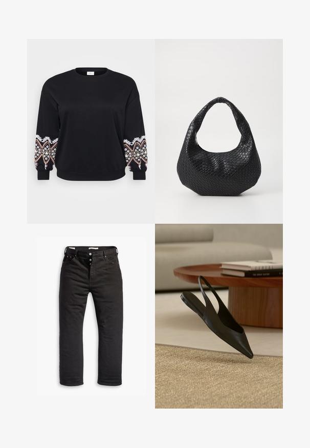Schwarzes Sweatshirt mit rundem Ausschnitt. Lange Ärmel mit aufwändig bestickten Mustern in Weiß, Rosa und Gelb an den Bündchen. Weicher Stoff.; Schwarze Denim-Jeans mit geradem Bein, ausgestattet mit einem Knopfverschluss, fünf Taschen und dezentem Stickdetail. Angenehme Textur.; Schwarzer Slingback-Flachschuh mit spitzer Spitze neben rundem Holztisch mit gestapelten Büchern auf beigem Teppich in modernem Wohnzimmer.; Schwarze gewebte Handtasche mit einem gebogenen Griff, die eine strukturierte Oberfläche und eine lässige Form hat. Glatte Oberfläche mit einer organischen Silhouette.