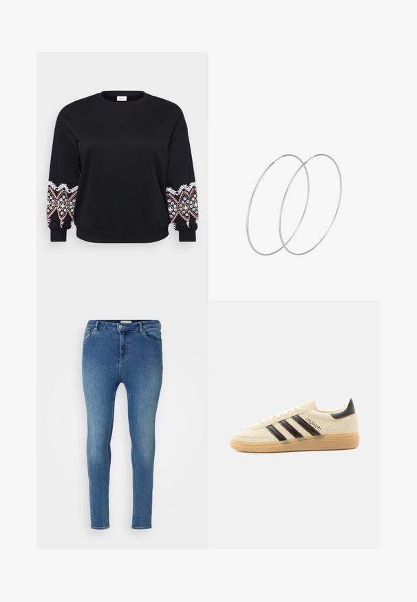 Schwarzes Sweatshirt mit rundem Ausschnitt. Lange Ärmel mit aufwändig bestickten Mustern in Weiß, Rosa und Gelb an den Bündchen. Weicher Stoff.; Skinny Jeans aus hellblauem Denim mit glatter Textur. Sie verfügen über eine hohe Taille, Gürtelschlaufen und Fronttaschen. Klassisches Fünf-Taschen-Design.; Cremefarbener Wildleder-Sneaker mit schwarzen Streifen, Gummisohle, schwarzem Fersenlasche und goldenem „SPEZIAL“-Schriftzug an der Seite.; Silberne Creolen mit minimalistischem Design. Rundform, glatte Oberfläche und dünnes Profil. Leichtgewichtig mit hochglänzender Oberfläche.