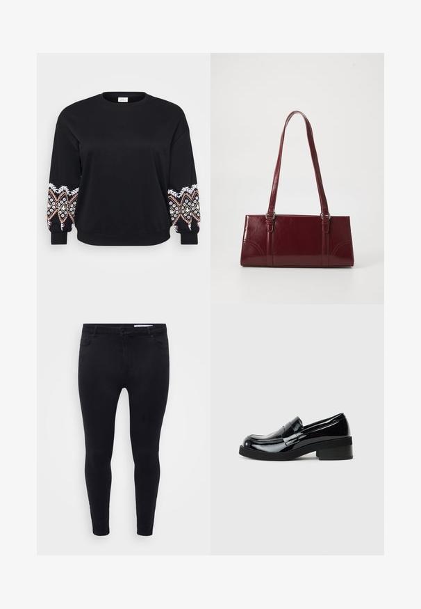 Sort sweatshirt med rund hals. Lange ærmer med intrikate broderede mønstre i hvid, pink og gul på manchetterne. Blødt stof.; Sorte slim-fit jeans lavet af strækbart denim, med en frontlukkedrag og bælteløkker, samt fem lommer med en glat overflade.; Sorte patenterede lædersko med rund tå, lav blokhæl og en glat, blank finish. Har en dekorativ rem over forsiden.; Bordeaux håndtaske lavet af glansfuldt materiale, rektangulær form, med to skulderremme og subtile buede detaljer på forsiden.