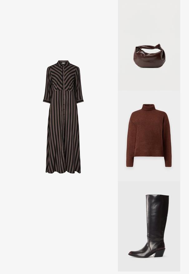 Brun rullekrave sweater lavet af blødt strikket stof, med en afslappet pasform, ribbede manchetter og kant. Glat tekstur med minimal detaljer.; Lang, knap-op kjole med lodrette sorte og brune striber, der har krave og trekvartærmer. Fremstillet af letvægtsstof.; Knæhøj, mørkebrun læderstøvle med spids tå, vinkelret blokhæl og en glat, blank overflade. Har et enkelt design og syningsdetaljer.; Mørkebrun læder skuldertaske med en blød, afslappet form og et snoet knudehåndtag på en ensartet hvid baggrund.
