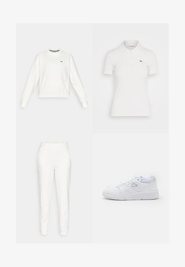 Sudadera blanca de cuello redondo con mangas largas, puños y dobladillo acanalados, que presenta un pequeño logo de cocodrilo verde en el lado izquierdo del pecho.; Camisa polo blanca hecha de tela de canalé, con cuello, tapeta de botones y un logo verde de Lacoste en el lado izquierdo del pecho.; Pantalones de chándal blancos ajustados con cintura y puños elásticos, con bolsillos laterales, expuestos sobre un fondo liso.; Zapatilla blanca de cuero liso, con una suela ligeramente elevada, puntera perforada y un acento de logo plateado en el lateral.