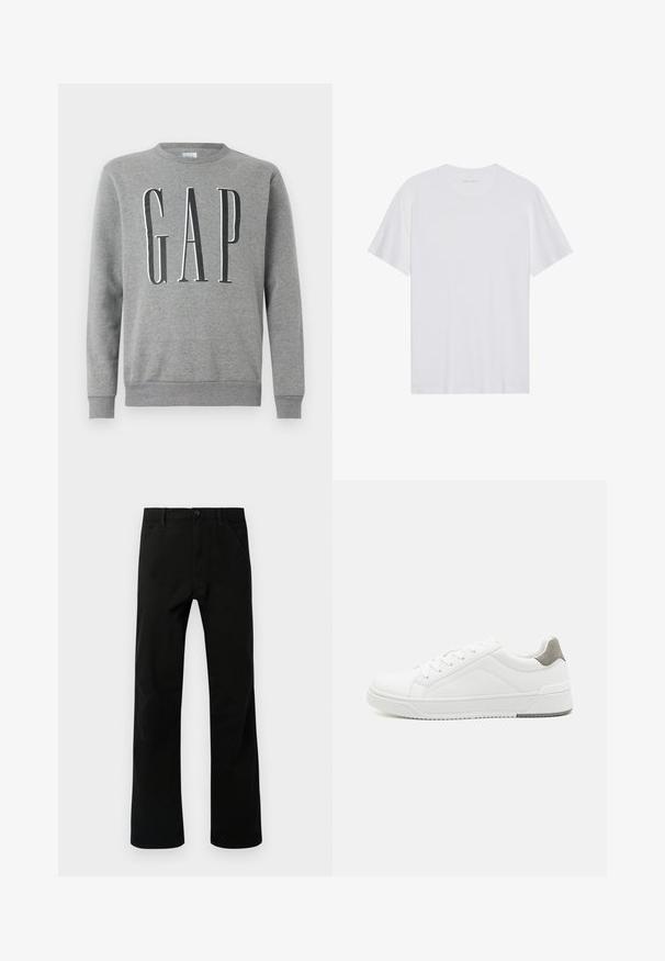 Sweatshirt gris avec un col rond, des poignets et un ourlet côtelés, avec le mot "GAP" en grande police noire sur le devant. Texture de tissu douce.; T-shirt en coton blanc à manches courtes, col rond et texture lisse. Présente un branding minimal au niveau du col.; Pantalons noirs à jambe droite avec poches avant, fermeture par bouton et passants de ceinture, présentés sur un fond blanc.; Basket blanche en cuir lisse, à bout arrondi, design minimaliste, accent de talon gris et semelle en caoutchouc texturé.