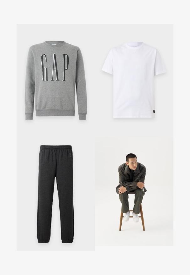 Grijze sweatshirt met een ronde hals, ribgebreide manchetten en zoom, met het woord "GAP" in grote zwarte letters op de voorkant. Zachte stoftextuur.; Effen wit T-shirt met korte mouwen en een ronde hals met een klein zwart onderhoudsetiket aan de onderzoom op een lichtgrijze achtergrond.; Grijze sweatpants van zacht materiaal, met een elastische tailleband en taps toelopende benen met elastische boorden. Subtiele logo-detail op een been.; Jonge man in een donkere leren jas en spijkerbroek zit op een houten kruk, leunt naar voren met gekruiste armen en kijkt naar de zijkant tegen een witte achtergrond.