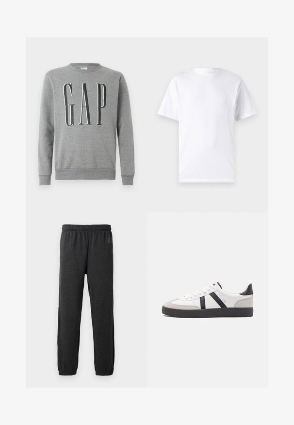 Grijze sweatshirt met een ronde hals, ribgebreide manchetten en zoom, met het woord "GAP" in grote zwarte letters op de voorkant. Zachte stoftextuur.; Witte T-shirt met korte mouwen, gemaakt van katoen, met een ronde hals. Het heeft een gladde textuur en een eenvoudig ontwerp zonder patronen of accenten.; Grijze sweatpants van zacht materiaal, met een elastische tailleband en taps toelopende benen met elastische boorden. Subtiele logo-detail op een been.; Witte sneaker met zwarte en grijze accenten, voorzien van een grijze neus met textuur, zwarte rubberen zool en platte witte veters. Schoon ontwerp, minimalistische stijl.