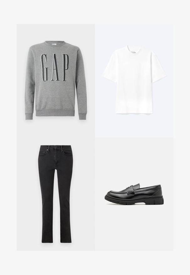 Grauer Sweatshirt mit Rundhalsausschnitt, gerippten Bündchen und Saum, mit dem Wort "GAP" in großer schwarzer Schrift auf der Vorderseite. Weicher Stoff.; Schlichtes weißes T-Shirt mit kurzen Ärmeln und Rundhalsausschnitt in entspannter Passform, auf hellem Hintergrund dargestellt.; Schwarze Jeans aus Denim im Slim-Fit-Schnitt. Verfügt über fünf Taschen, Gürtelschlaufen und einen Frontreißverschluss mit Knopfverschluss. Glatte Textur.; Schwarze Lederloafer mit einem breiten Riemen über dem Rist, Gummisohle mit dicken Profilen und glatter Textur. Klassisches, schlankes Design.