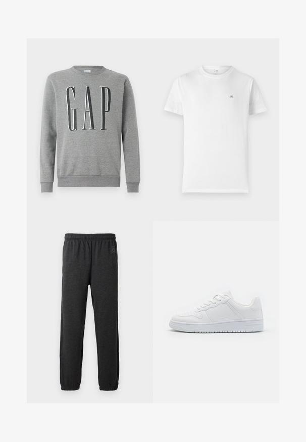 Sudadera gris con cuello redondo, puños y dobladillo acanalados, con la palabra "GAP" en letra negra grande en la parte frontal. Textura de tela suave.; Camiseta de algodón blanca con cuello redondo clásico, mangas cortas y un pequeño logo gris de GAP en el lado izquierdo del pecho. Diseño simple y sin adornos.; Pantalones de chándal grises hechos de una tela suave, con una cinturilla elástica y piernas ajustadas con puños elásticos. Detalle sutil del logo en una pierna.; Zapatillas blancas hechas de material sintético liso, con cordones planos, puntera perforada y suela de goma con un patrón de agarre texturizado.