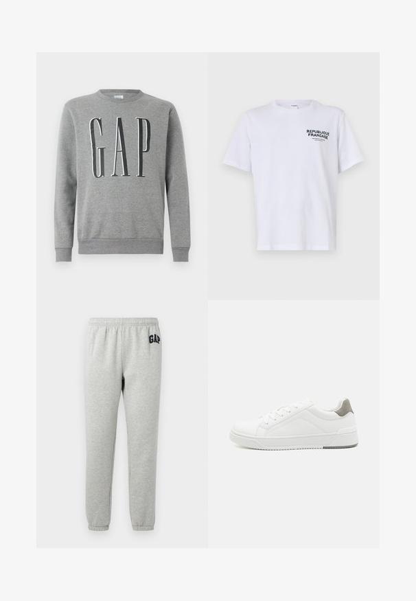 Grauer Sweatshirt mit Rundhalsausschnitt, gerippten Bündchen und Saum, mit dem Wort "GAP" in großer schwarzer Schrift auf der Vorderseite. Weicher Stoff.; Weißes Baumwoll-T-Shirt mit kurzen Ärmeln und Rundhalsausschnitt. Der Druck auf der linken Brust trägt "REPUBLIQUE FRANCAISE" in dunkelgrüner Schrift.; Graue Jogginghose mit elastischem Bund, abgeklebten Knöcheln und einem dunkelblauen "GAP"-Logo auf dem linken Oberschenkel. Weicher Baumwollmischstoff.; Weißer Sneaker aus glattem Leder, runde Zehenpartie, minimalistisches Design, graue Fersenkante und strukturierte Gummisohle.
