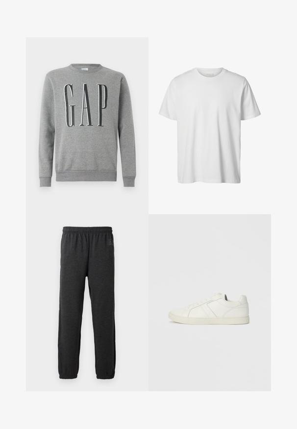 Grå sweatshirt med rund hals, ribbede manchetter og kant, med ordet "GAP" i store sorte bogstaver på forsiden. Blød stofstruktur.; Enkelt hvid T-shirt med korte ærmer og rund hals, løs pasform og uden synlige logoer eller designs foran.; Grå sweatpants lavet af blødt stof, med elastisk talje og indsnævrede ben med elastiske manchetter. Subtilt logo detalje på det ene ben.; Lave hvide lædersneakers med snørebånd og flad gummisål, set fra indersiden på en ensfarvet baggrund.