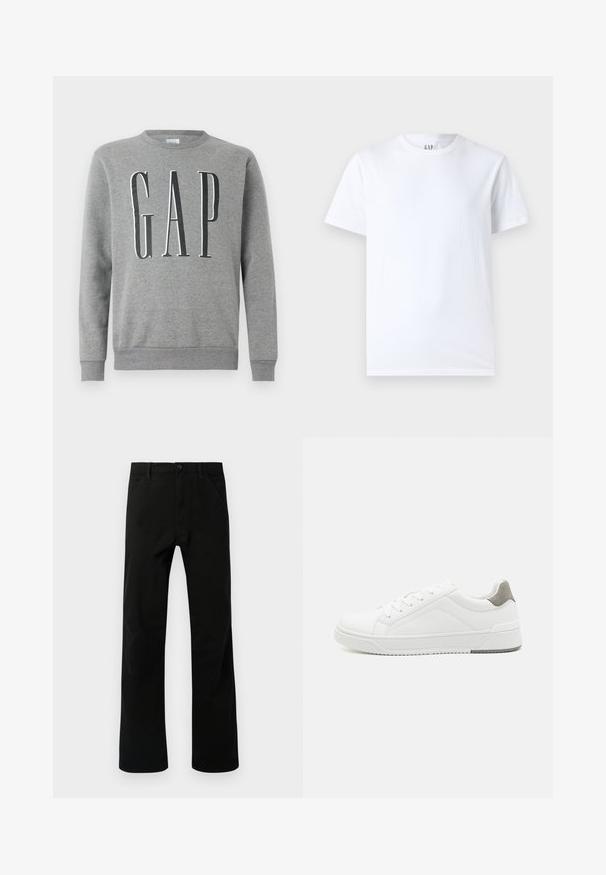 Grijze sweatshirt met een ronde hals, ribgebreide manchetten en zoom, met het woord "GAP" in grote zwarte letters op de voorkant. Zachte stoftextuur.; Witte katoenen T-shirt met ronde halslijn en korte mouwen. Eenvoudig ontwerp zonder patronen of graphics, met GAP-merk op de kraag.; Zwarte rechte broek met voorzakken, knoopsluiting en lussen voor een riem, weergegeven tegen een witte achtergrond.; Witte sneaker van glad leer met een ronde neus, minimalistisch ontwerp, grijze hielaccent en een geplaatste rubberen zool.