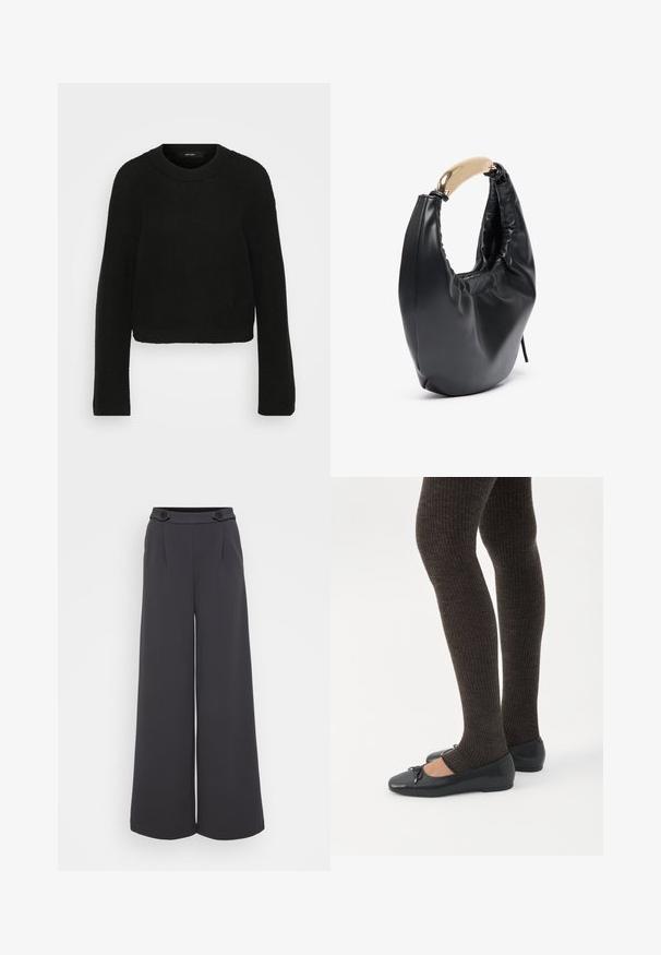 Sort strikket sweater med rund halsudskæring og lange ærmer. Har et struktureret mønster og en cropped design.; Bredbenede bukser i mørkegrå stof. Har læg foran og to dekorative knapper i taljen. Glat tekstur og skræddersyet pasform.; Ben iført mørke ribbede leggings kombineret med sorte balletsko med små sløjfedetaljer på hvid baggrund.; Sort faux læder håndtaske med en buet silhuet. Har et skinnende guldtonet håndtag og samlet tekstur langs topåbningen.