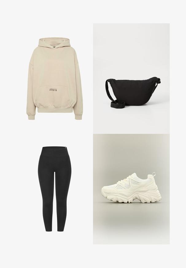 Beige hættetrøje med en forlomme, ribbede manchetter og snøre i hætten. "PECADOR PGDR" tekst trykt på lommedelen.; Sorte leggings med en høj elastisk talje, glat tekstur og tætsiddende design, velegnet til forskellige aktiviteter.; Hvid chunky sneaker med tyk tekstureret sål, mesh paneler, snørelukning foran og trækstrop ved hælen på en neutral baggrund.; Sort hobo taske lavet af blødt stof, med en buet form, lynlåslukning og en bred justerbar rem. Glat tekstur uden mønstre.