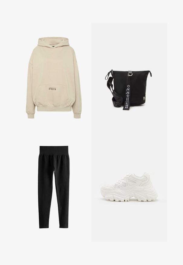 Beige hoodie met een voorzak, geribbelde boorden en een capuchon met trekkoord. "PECADOR PGDR" tekst gedrukt op het zakgebied.; Zwarte geribbelde leggings met hoge taille en brede elastische tailleband, smalle pasvorm over de volledige lengte, zonder zichtbare logo’s of patronen.; Witte chunky sneakers met een textuur bovenwerk, meshpanelen en dikke rubberen zolen met een uitgesproken profiel. Inclusief veters en een aantreklip.; Zwarte nylon schoudertas met een ritssluiting, een gestructureerde schouderband met een patroon en een logolabel aan de voorkant. Inclusief verstelbare schouderband.
