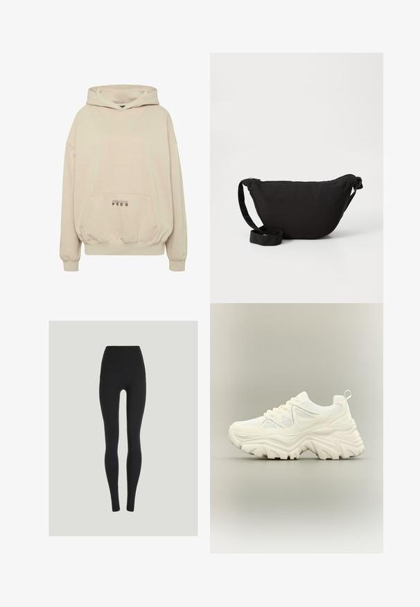 Beige hoodie met een voorzak, geribbelde boorden en een capuchon met trekkoord. "PECADOR PGDR" tekst gedrukt op het zakgebied.; Zwarte leggings met hoge taille en volledige lengte, met een slank, nauwsluitend ontwerp op een lichtgrijze achtergrond.; Witte chunky sneaker met dikke textuurrijke zool, mesh panelen, veters aan de voorkant en een treklipje aan de hiel op een neutrale achtergrond.; Zwarte hobo tas gemaakt van zachte stof, met een gebogen vorm, een ritssluiting en een brede verstelbare schouderriem. Glad van structuur zonder patronen.
