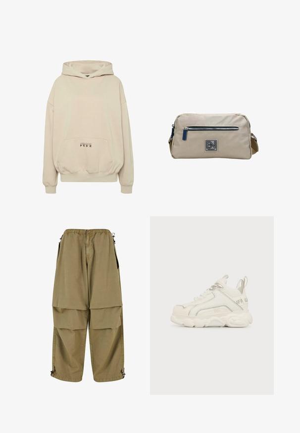 Sudadera con capucha beige con bolsillo frontal, puños acanalados y capucha con cordón. Texto "PECADOR PGDR" impreso en el área del bolsillo.; Pantalones cargo color caqui con cintura elástica, grandes bolsillos frontales y puños ajustables. Están hechos de una tela ligera con una textura suave.; Zapatilla deportiva blanca gruesa con suela gruesa, detalle plateado en el talón y el lateral, cordones en la parte delantera y lengüeta en la parte trasera.; Bolso cruzado rectangular de nailon beige con bolsillo frontal con cremallera, correa ajustable y parche negro con el logo "PN BOGANOVA" centrado en el frente.