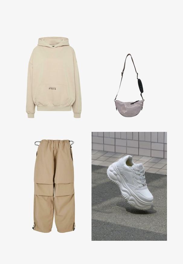 Beige hættetrøje med en forlomme, ribbede manchetter og snøre i hætten. "PECADOR PGDR" tekst trykt på lommedelen.; Beige cargo bukser med elastisk talje, lagdelt design og sidelommer. Har justerbare manchetter med toggles for en tilpasset pasform.; Hvide lædersneakers med en kraftig sål, teksturerede detaljer og snørelukning. Har formede accenter og en glat finish.; Lille blank lilla crossbody taske med justerbar mørkebrun rem og fastgjort lille sort lynlåspose.