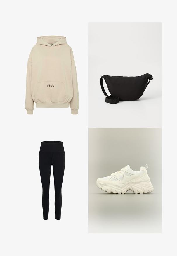 Beige hættetrøje med en forlomme, ribbede manchetter og snøre i hætten. "PECADOR PGDR" tekst trykt på lommedelen.; Girlfriend Collective FLOAT HIGH RISE LEGGING 7/8 - Tights - black; Hvid chunky sneaker med tyk tekstureret sål, mesh paneler, snørelukning foran og trækstrop ved hælen på en neutral baggrund.; Sort hobo taske lavet af blødt stof, med en buet form, lynlåslukning og en bred justerbar rem. Glat tekstur uden mønstre.