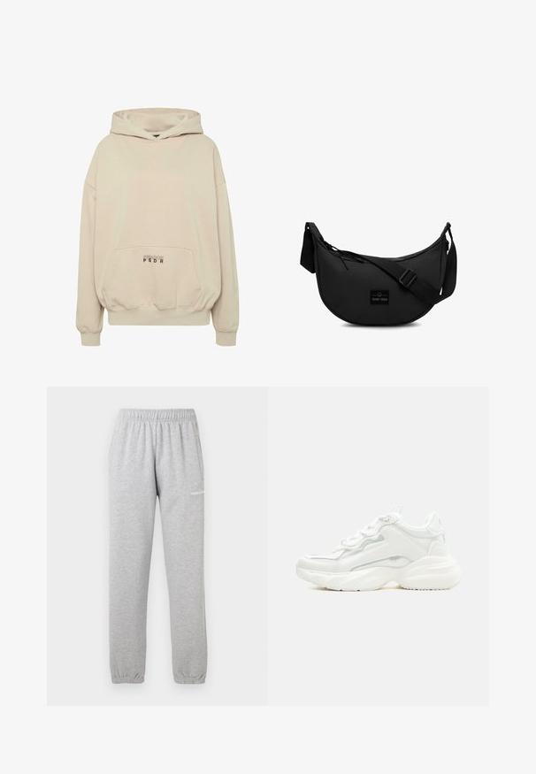 Beiger Hoodie mit Fronttasche, gerippten Bündchen und Kordelzugkapuze. "PECADOR PGDR" Schriftzug auf dem Taschenbereich.; Graue Sweatpants aus weichem Material, mit einem elastischen Bund, Bündchen an den Knöcheln und einer Seitentasche. Logo auf dem linken Oberschenkel aufgedruckt.; Weißer klobiger Sneaker mit dicker Sohle, Schnürverschluss vorne und glattem, synthetischem Obermaterial mit dezenten Steppnähten.; Schwarze Umhängetasche aus robustem Material, mit runder Form, verstellbarem Tragegurt und einem Logo-Patch auf der Vorderseite.
