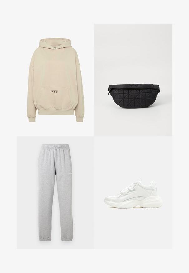 Beiger Hoodie mit Fronttasche, gerippten Bündchen und Kordelzugkapuze. "PECADOR PGDR" Schriftzug auf dem Taschenbereich.; Graue Sweatpants aus weichem Material, mit einem elastischen Bund, Bündchen an den Knöcheln und einer Seitentasche. Logo auf dem linken Oberschenkel aufgedruckt.; Weißer klobiger Sneaker mit dicker Sohle, Schnürverschluss vorne und glattem, synthetischem Obermaterial mit dezenten Steppnähten.; Schwarze, gesteppte Tasche mit weichem, gepolstertem Textur und eckigem Rautenmuster, geschwungener Silhouette und Reißverschluss.