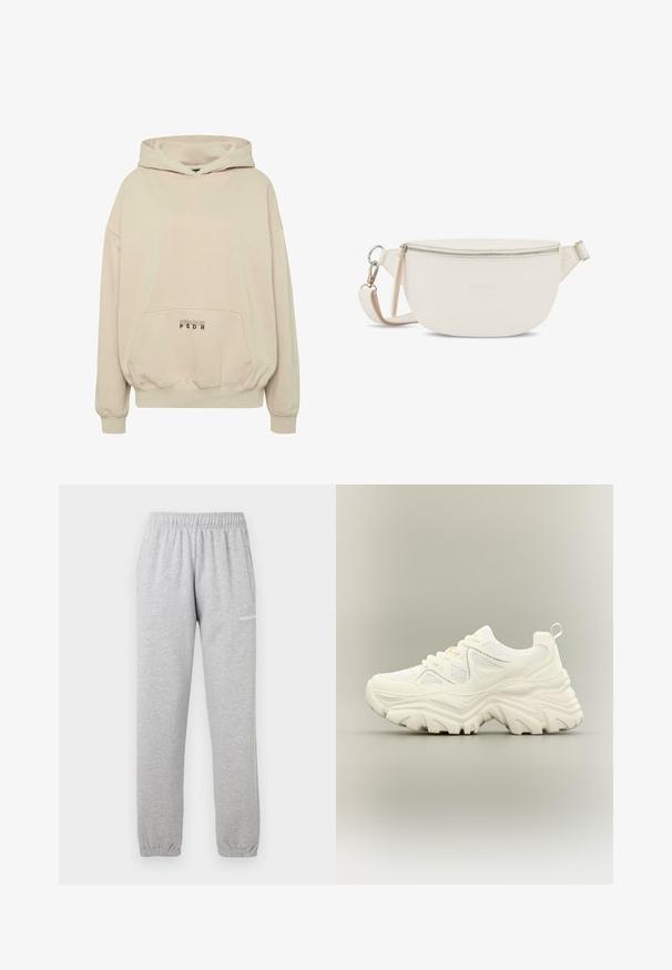 Beige hoodie met een voorzak, geribbelde boorden en een capuchon met trekkoord. "PECADOR PGDR" tekst gedrukt op het zakgebied.; Grijze joggingbroek van zachte stof, met een elastische tailleband, geribbelde enkels en een zijzak. Logo gedrukt op de linkerdij.; Witte chunky sneaker met dikke textuurrijke zool, mesh panelen, veters aan de voorkant en een treklipje aan de hiel op een neutrale achtergrond.; Witte leren crossbodytas met een ronde vorm, bovenste ritsafsluiting en verstelbare schouderriem. Subtiele merkembleem geperst op de voorkant.