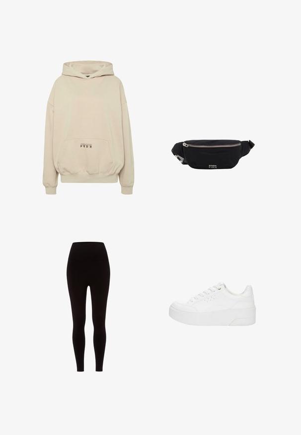 Beige hoodie met een voorzak, geribbelde boorden en een capuchon met trekkoord. "PECADOR PGDR" tekst gedrukt op het zakgebied.; Zwarte leggings van rekbaar materiaal, met een hoge taille, een gladde textuur en een aansluitend ontwerp, zonder enige patronen of versieringen.; Witte plateau sneaker met veters aan de voorkant, geperforeerde zijkanten en dikke zool, weergegeven vanaf de buitenkant op een witte achtergrond.; Zwarte stoffen heuptas met zilveren rits en verstelbare band, voorzien van klein wit "Bimba y Lola"-logo aan de voorkant.