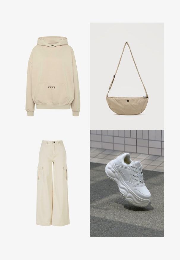 Beiger Hoodie mit Fronttasche, gerippten Bündchen und Kordelzugkapuze. "PECADOR PGDR" Schriftzug auf dem Taschenbereich.; Beige weite Cargo-Hosen aus Baumwolle, mit zwei großen Seitentaschen, einem frontalen Knopfverschluss und einem sauberen Saum.; Weiße Leder-Sneaker mit einer massiven Sohle, strukturierten Details und Schnürverschluss. Verfügt über geformte Akzente und eine glatte Oberfläche.; Beige, halbmondförmige Umhängetasche mit verstellbarem Riemen und kleinem rundem Metall-Logo auf der Vorderseite, Reißverschluss oben.