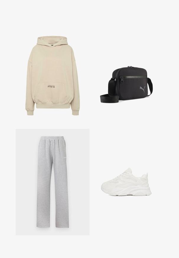 Beige hættetrøje med en forlomme, ribbede manchetter og snøre i hætten. "PECADOR PGDR" tekst trykt på lommedelen.; Lys grå sweatpants med elastisk talje, lige ben design og et lille hvidt logo på venstre lår. Blødt, tekstureret stof.; Chunky hvide sneakers med overdel i mesh og læder, tekstureret gummisål, rund tå og snørelukning. Har en træksløjfe bagpå.; Sort skuldertaske i stof med rektangulær form, udstyret med lynlås, tekstureret overflade og en grå broderet logo på den ene side.