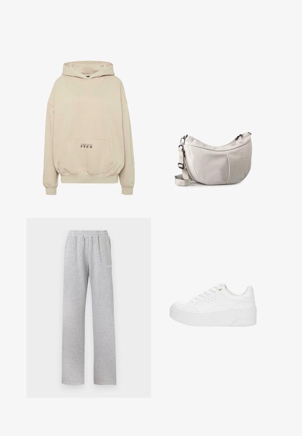 Beiger Hoodie mit Fronttasche, gerippten Bündchen und Kordelzugkapuze. "PECADOR PGDR" Schriftzug auf dem Taschenbereich.; Helle graue Sweatpants mit einem elastischen Bund, geradem Bein Schnitt und einem kleinen weißen Logo auf dem linken Oberschenkel. Weicher, strukturiert Stoff.; Weißer Plateau-Sneaker mit Schnürung vorne, perforierten Seitendetails und dicker Sohle, von der Außenseite vor weißem Hintergrund gezeigt.; Hellgraue, sichelförmige Schultertasche mit verstellbarem Riemen, Reißverschluss und dezentem, geprägtem Logo auf der Vorderseite.