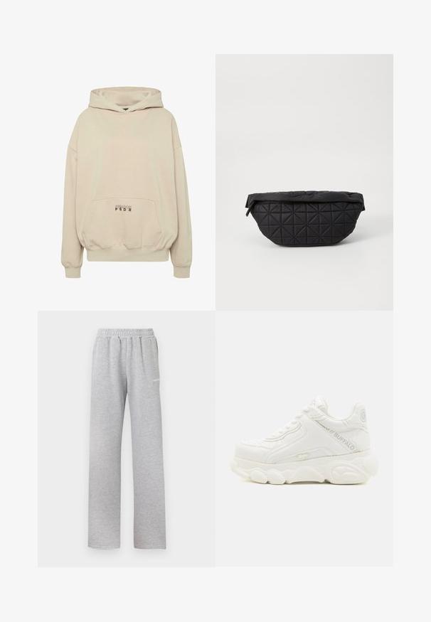 Sudadera con capucha beige con bolsillo frontal, puños acanalados y capucha con cordón. Texto "PECADOR PGDR" impreso en el área del bolsillo.; Pantalones de chándal gris claro con cinturilla elástica, diseño de pierna recta y un pequeño logo blanco en el muslo izquierdo. Tejido suave y texturizado.; Zapatilla deportiva blanca gruesa con suela gruesa, diseño con cordones y marca "Buffalo" en el lateral y el talón.; Bolso negro acolchado con una textura suave y acolchada y un patrón de diamantes angulares, con una silueta curvada y cierre de cremallera.