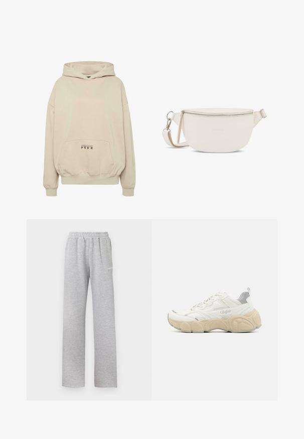 Sudadera con capucha beige con bolsillo frontal, puños acanalados y capucha con cordón. Texto "PECADOR PGDR" impreso en el área del bolsillo.; Pantalones de chándal gris claro con cinturilla elástica, diseño de pierna recta y un pequeño logo blanco en el muslo izquierdo. Tejido suave y texturizado.; Zapatilla blanca con parte superior de malla y cuero liso, que cuenta con un collar acolchado, suela de goma texturizada y sutiles acentos metálicos.; Bolso cruzado de cuero blanco con forma redonda, cierre superior con cremallera y correa ajustable. Sutil logo de la marca grabado en la parte frontal.