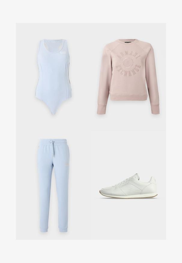 Sweat-shirt rose clair à col rond avec poignets et bas côtelés, présentant un texte et un emblème "Armani Exchange" en relief sur le devant.; Justaucorps de sport bleu clair sans manches avec dos nageur et petit logo blanc EA7 sur le haut du côté gauche de la poitrine.; Pantalon de jogging bleu clair avec chevilles élastiquées, taille à cordon, poches latérales et logo texte discret sur la cuisse gauche.; Baskets basses en cuir blanc avec laçage sur le devant, détails de couture subtils et semelle en caoutchouc beige sur fond clair uni.