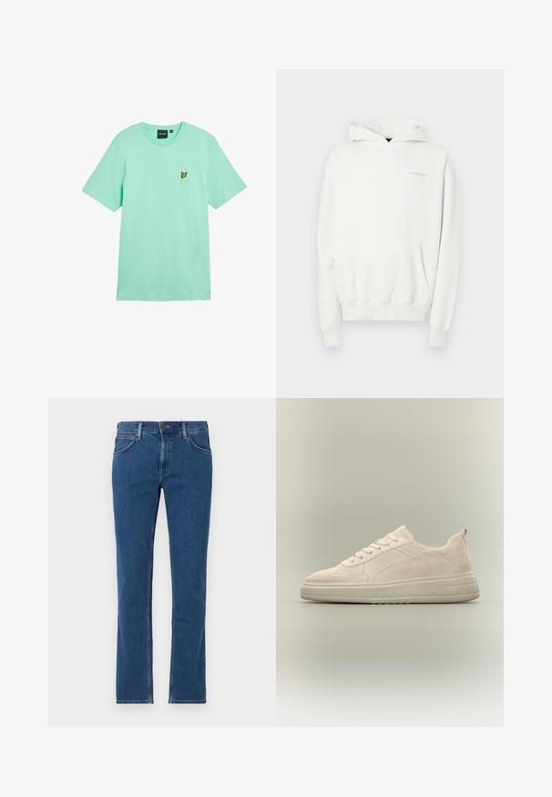 Hvid hættetrøje med kængurulomme, ribbede manchetter og kant. Materialet er blødt og struktureret. Logoet er diskret vist på brystet.; Mintgrøn bomuld t-shirt med korte ærmer, rund hals og en lille gul sommerfuglelogo broderet på venstre bryst.; Blå straight-leg denim jeans med forreste knap- og lynlåslukning, bæltestropper og fem-lommer design på hvid baggrund.; Beige ruskind lavtop sneaker med snørelukning forrest og tyk gummisål på en neutral baggrund.