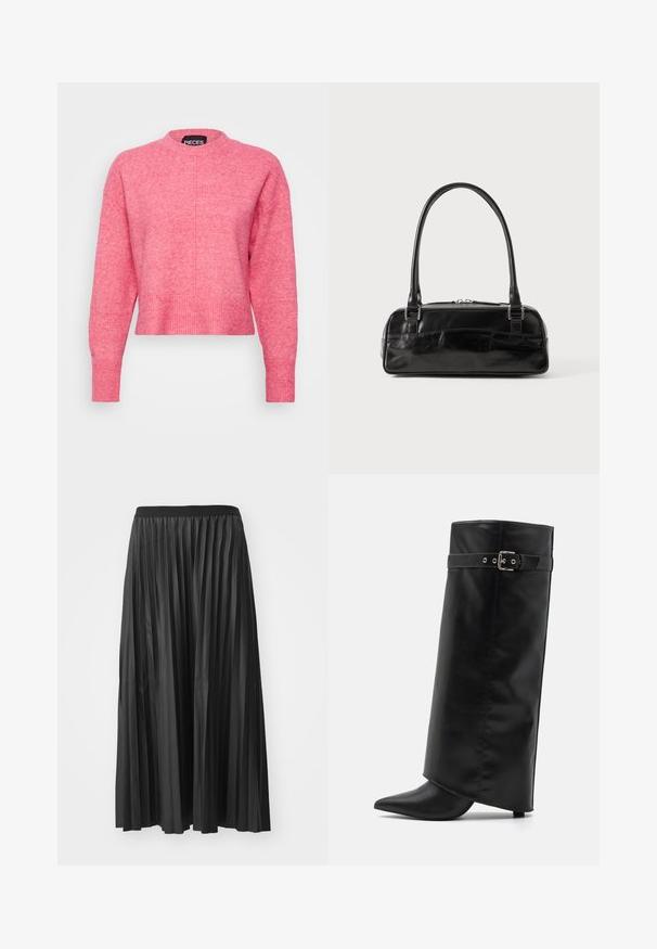 Rosa cropped sweater med rund hals, lange ærmer, ribbede manchetter og kant. Afslutningen har en let tekstureret finish. Mærket er synligt.; Sort plisseret maxiskørt med en glat tekstur og elastisk talje, der har lodrette folder som skaber volumen og bevægelse.; Even&Odd Højhælede støvler - black; Sort læderhåndtaske med rektangulær form, der har et enkelt struktureret håndtag, sølvhardware og lynlås-lukning. Glat tekstur.