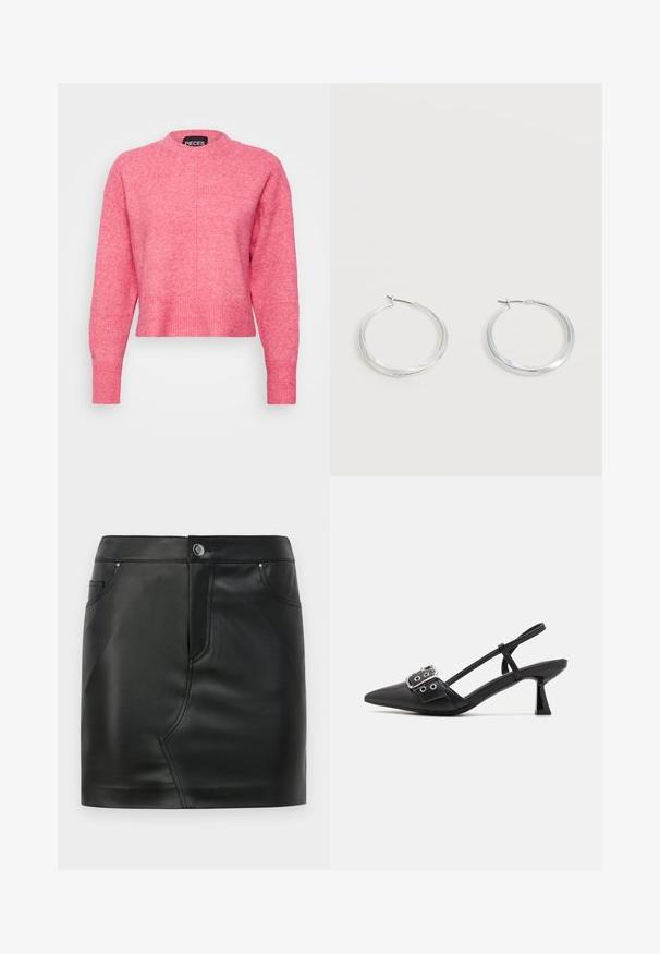 Pull cropped rose avec un col rond, des manches longues, des poignets et un ourlet côtelés, présente une finition légèrement texturée. Étiquette de marque visible.; Mini-jupe en simili cuir noir avec un bouton à l'avant, fermeture éclair, poches avant et arrière, et détails de couture.; Simmi London DALA - Escarpins - black; Boucles d’oreilles créoles en métal argenté avec une surface lisse légèrement incurvée et des fermoirs à clapet sur un fond blanc uni.