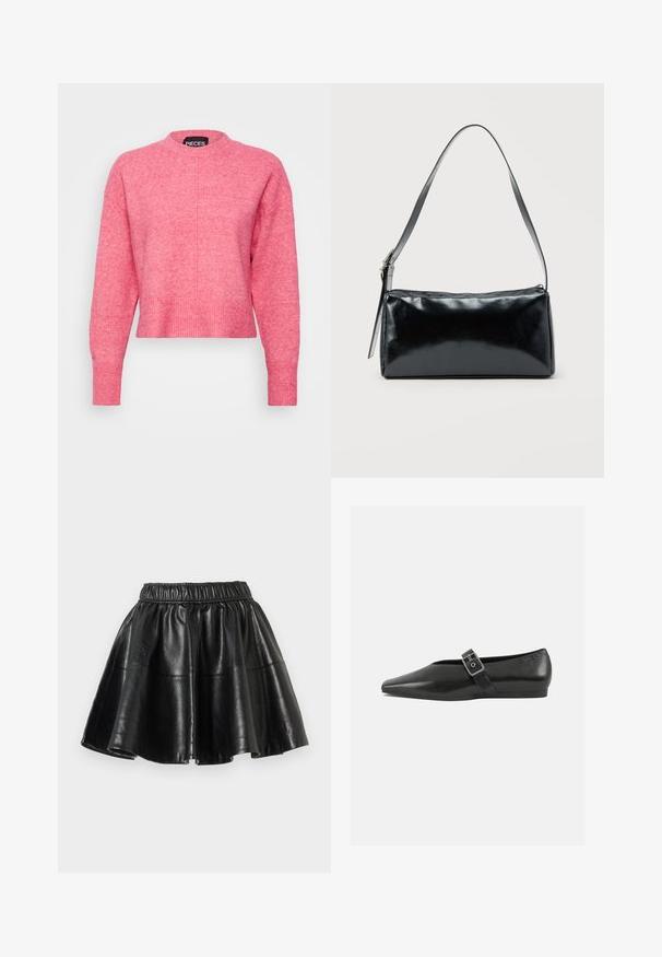 Rosa cropped sweater med rund hals, lange ærmer, ribbede manchetter og kant. Afslutningen har en let tekstureret finish. Mærket er synligt.; Sort faux læder flared nederdel med elastisk talje og synlige sømme på en ensfarvet hvid baggrund.; Sorte læder flade sko med spidse tæer, prydet med en metallisk spænde over vristen og en lav, fleksibel sål.; Sort rektangulær skuldertaske med en enkelt justerbar rem og lynlås i toppen på en ensfarvet baggrund.