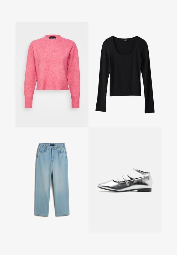 Rosa, kurz geschnittenes Sweatshirt mit Rundhalsausschnitt, langen Ärmeln, gerippten Bündchen und Saum, präsentiert eine leicht strukturierte Oberfläche. Markenlabel sichtbar.; Schwarzes Langarmoberteil mit rundem Ausschnitt, aus leichtem Stoff, figurbetontem Schnitt und geradem Saum, das eine glatte Textur aufweist.; Vans CINCHED CHECK - Baggy Jeans - light stonewash; Silberne metallische Ballerinas mit spitzem Zehenbereich, drei verstellbaren Riemen und einem niedrigen schwarzen Absatz. Glatte Textur mit minimalistischem Design.