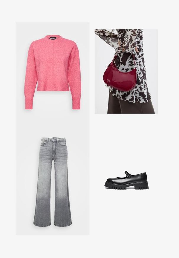 Rosa, kurz geschnittenes Sweatshirt mit Rundhalsausschnitt, langen Ärmeln, gerippten Bündchen und Saum, präsentiert eine leicht strukturierte Oberfläche. Markenlabel sichtbar.; Graue Denim-Jeans mit weitem Bein und einem Licht-zu-Dunkel-Gradienten, ausgestattet mit hoher Taille, fünf Taschen und einem klassischen Knopfverschluss.; Schwarzer Leder-Mary-Jane-Schuh im Stil mit runder Zehe, Knöchelriemen und einer robusten Gummisohle mit geriffelter Detailierung.; Frau trägt eine schwarz-weiß gemusterte Bluse und hält eine glänzende rote Schultertasche vor einem einfarbigen Hintergrund.