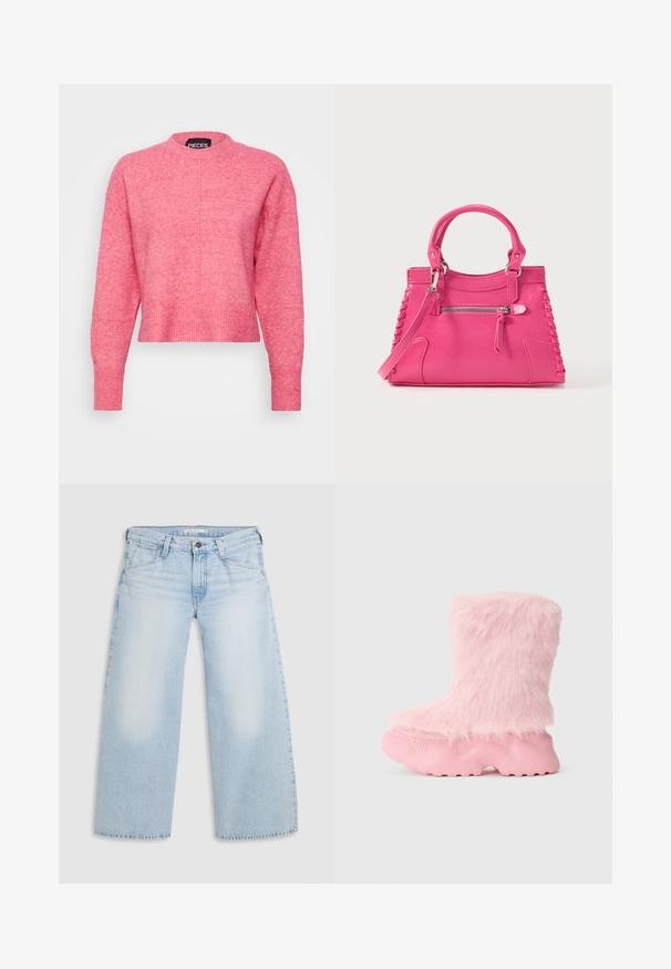 Roze cropped sweater met een ronde halslijn, lange mouwen, geribde manchetten en zoom, met een licht gestructureerde afwerking. Merklabel zichtbaar.; Lichtblauwe wijde jeans gemaakt van denim. Kenmerken zijn een rechte snit, een vijfzakkenontwerp en een knoopsluiting aan de taille.; Robuuste roze laars met een gestructureerde zool en een zachte, fluffige nepbont die de gehele bovenkant bedekt.; Roze leren handtas met dubbele handvatten, decoratief zijvetersluiting en een voorvak met ritssluiting. Glad oppervlak, gestructureerde vorm.
